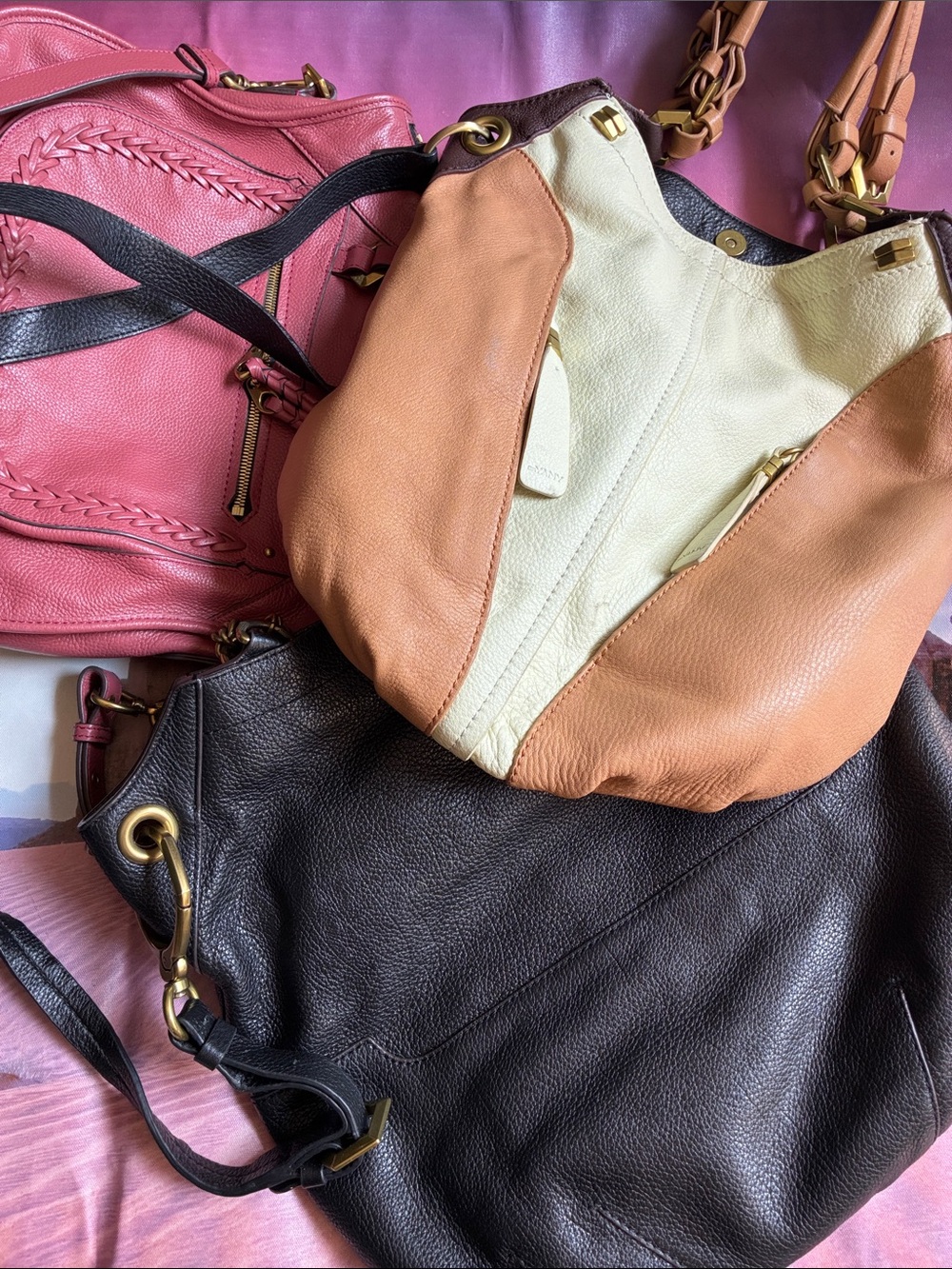 Lot of 3 orYANY Pink Leather Braided-Trim Shoulder Bag with Gold Hardware.